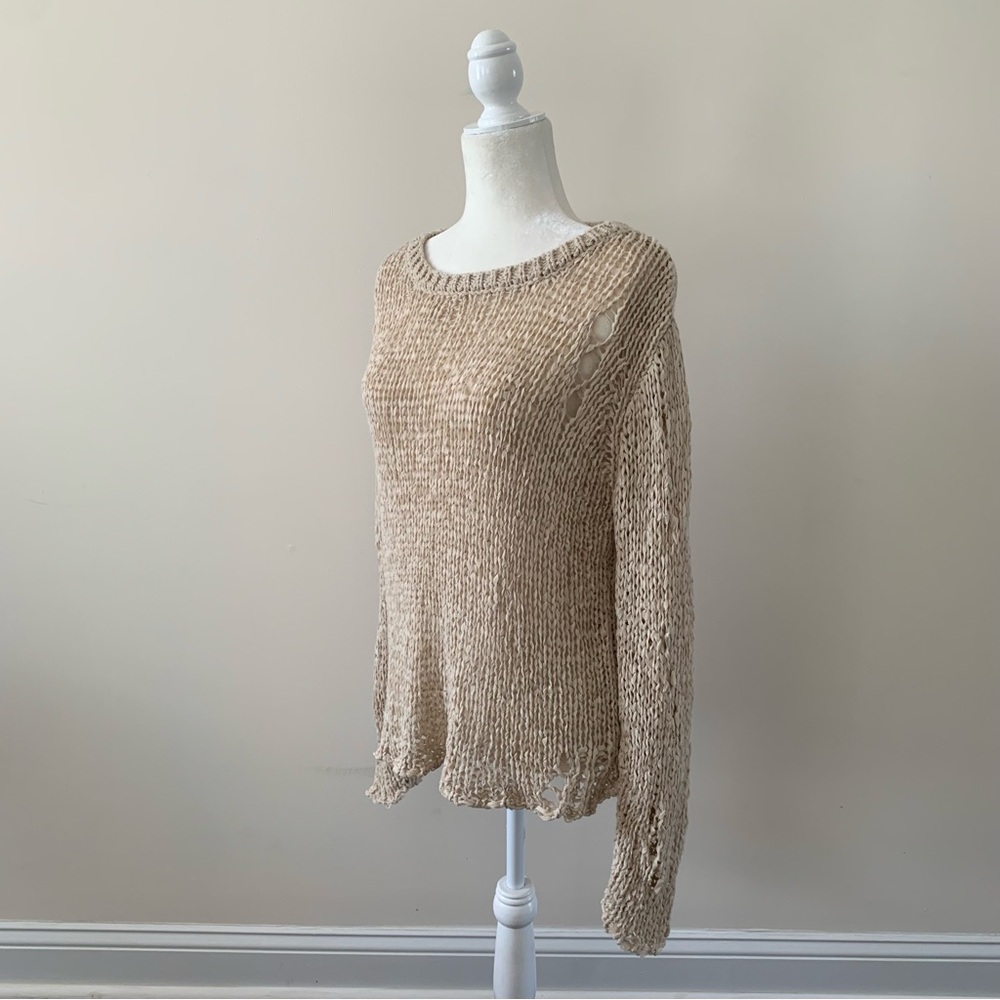 Moon River - Beige Distressed Knit Sweater - Large